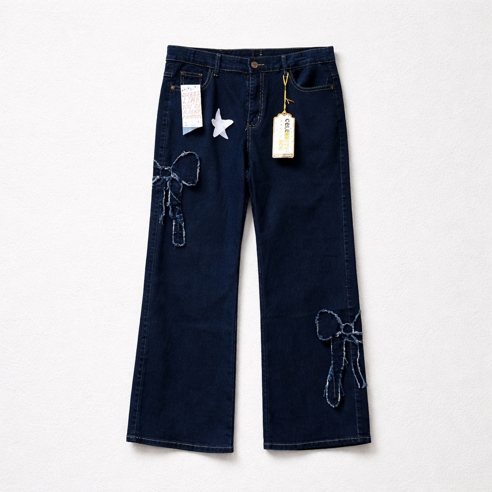Elegant Women's Dark Blue Wide Leg Jeans with Bow Details